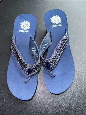 Yellow Box Navy Jeweled Thong Sandals, NEW